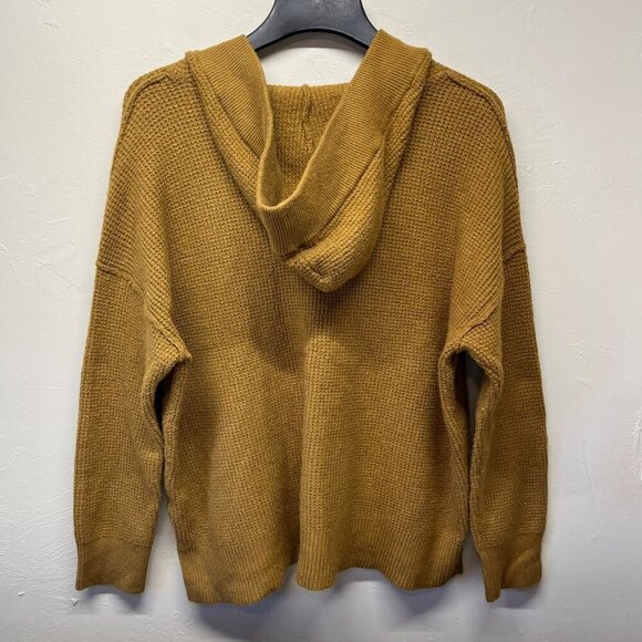 Aerie Oversized Waffle Knit Pullover Sweater V-Neck Hood Womens Small Gold Brown - Picture 2 of 7